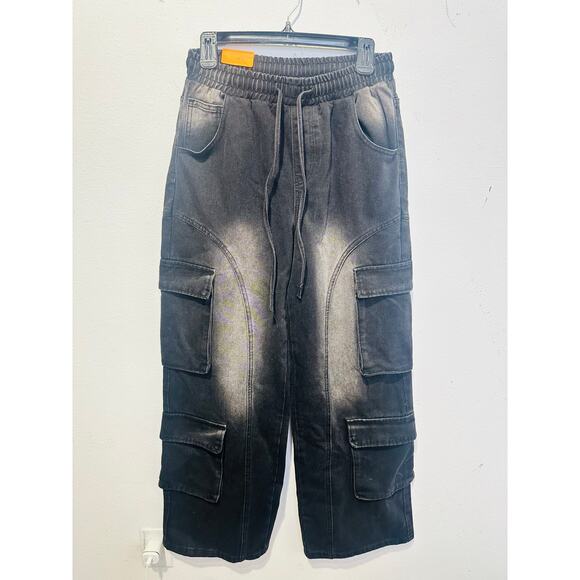 AMERICAN BAZI Black Washed Wide-Leg Cargo Style Drawstring Pants NWT size Small - Picture 2 of 14